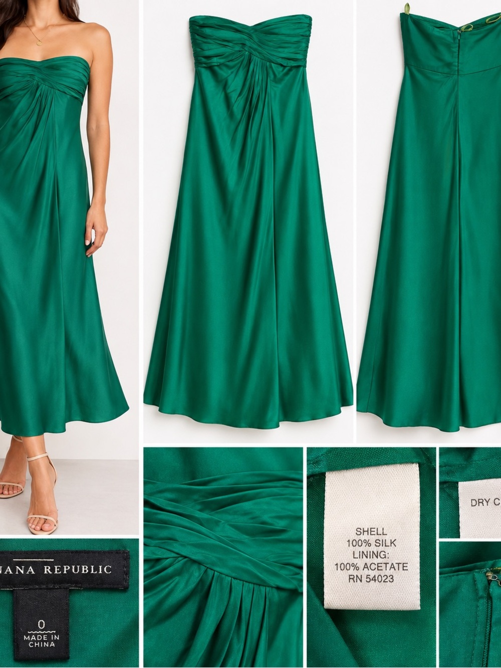 Banana Republic 100% Silk Emerald Green Strapless Maxi Dress Size 0
